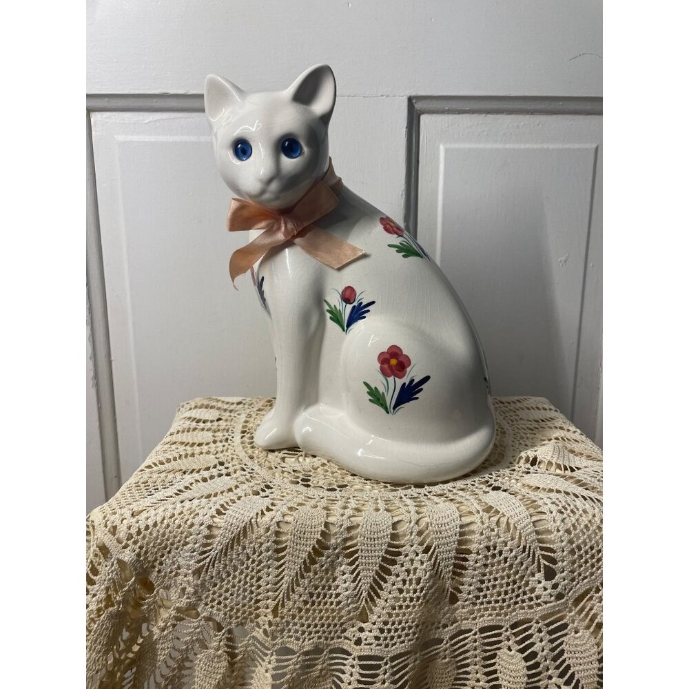 Vintage ELPA Alcobaca Portugal White Ceramic Cat Blue Glass Eyes